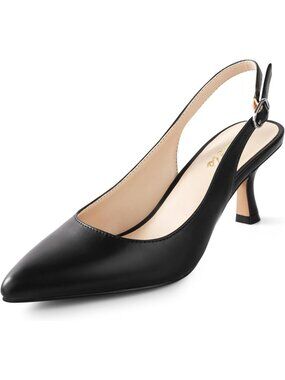 Women's Slingback Kitten Heels Black Pu Black Closed Pointed Toe Pumps Shoes